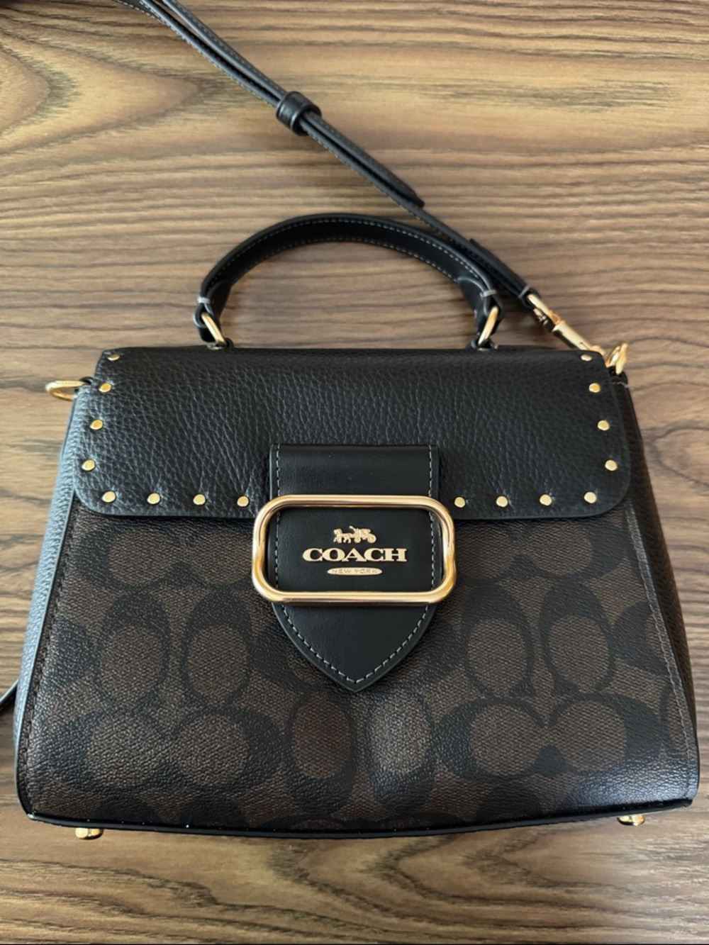 Coach Black and Brown Signature Rivet Morgan Top Handle Satchel Gold Hardware - Picture 13 of 13